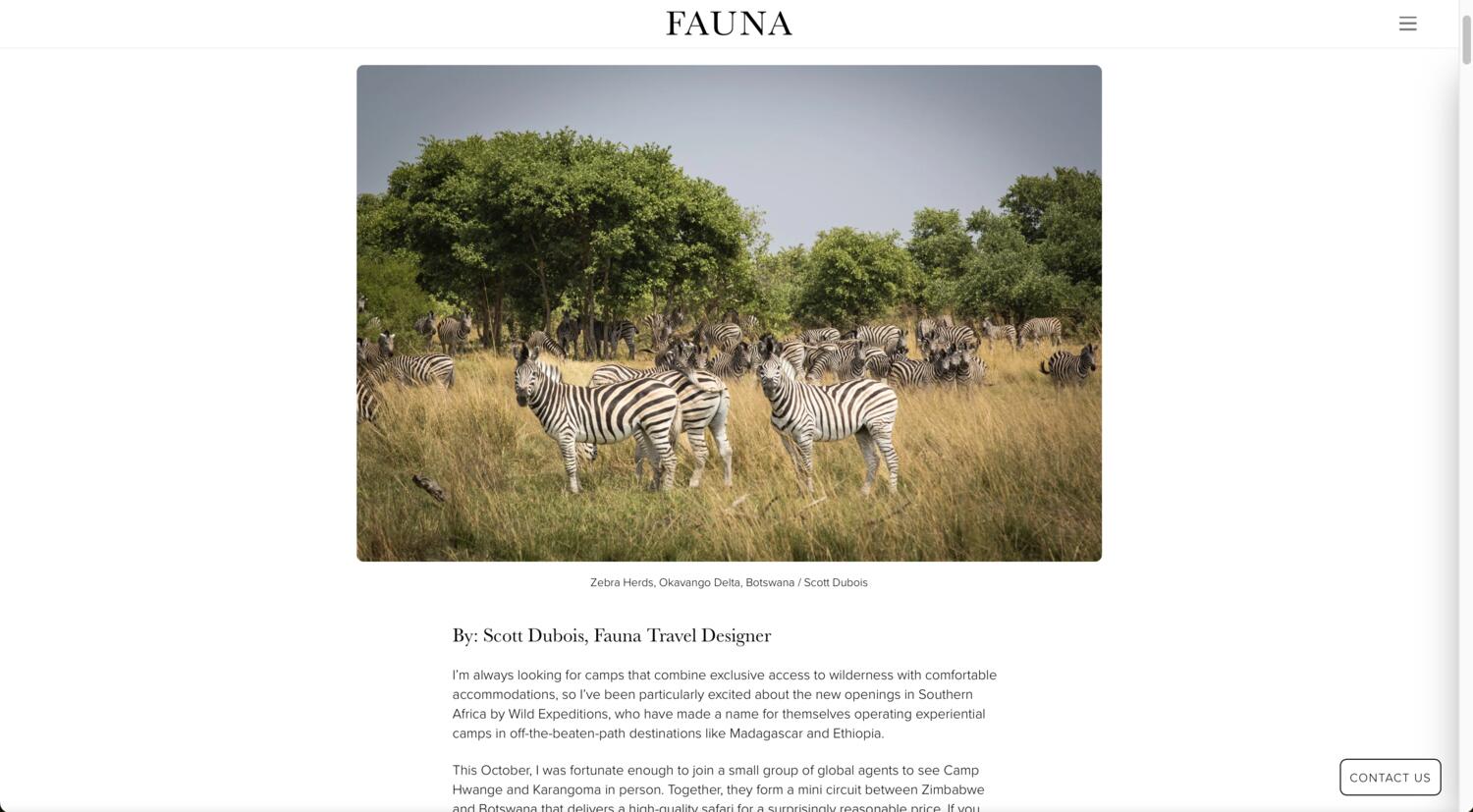 A Fauna Journal feature with a full-bleed photo of zebra herds in the Okavango Delta, bylined Scott Dubois