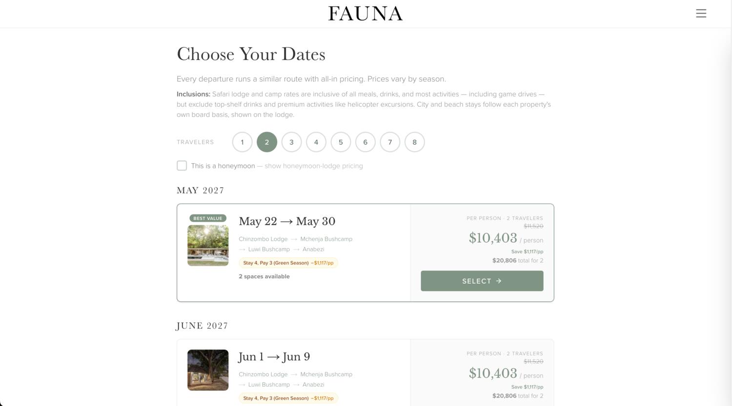 The booking screen: set departures with live dates and all-in, per-person pricing, including a Best Value tag and seasonal offers