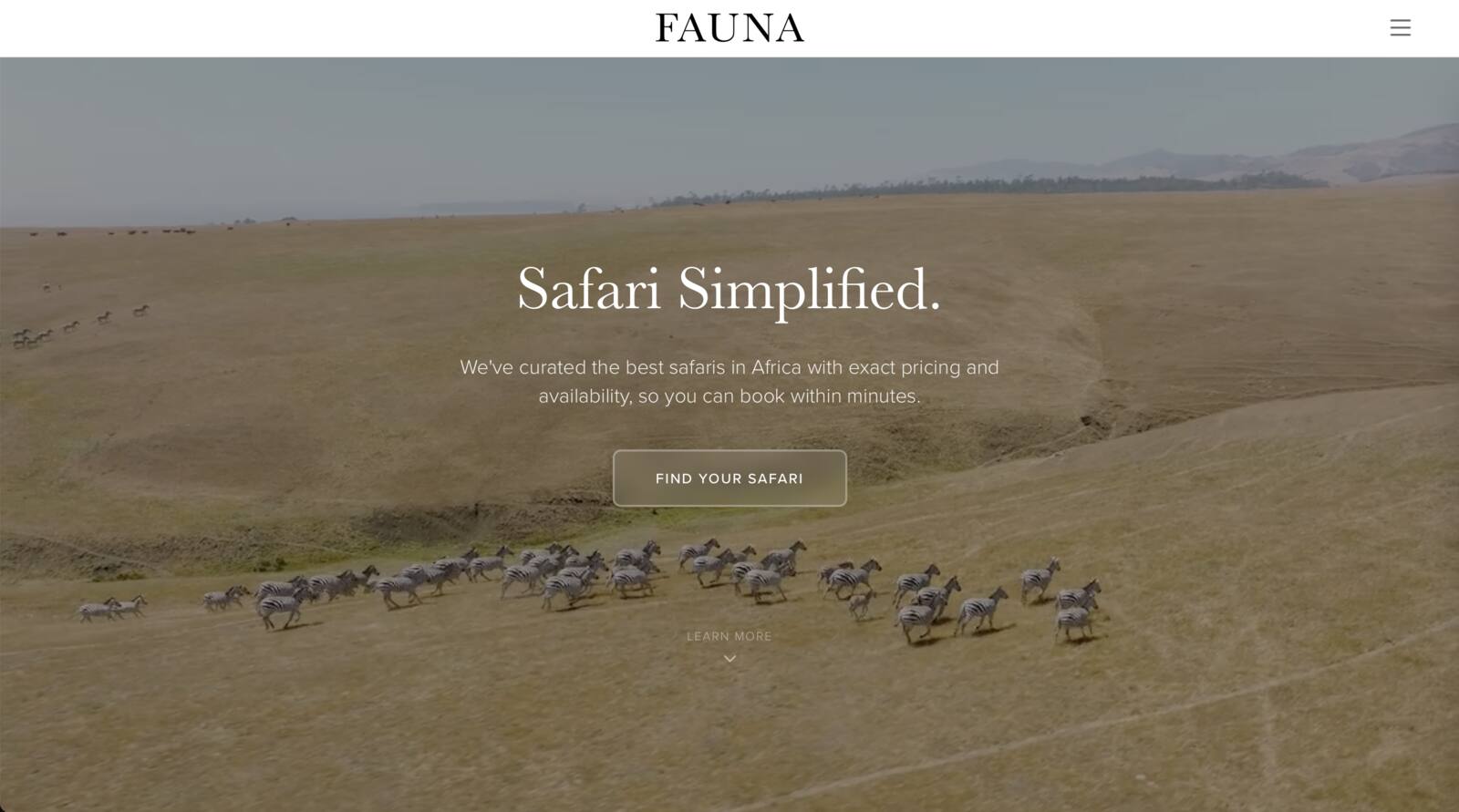 The Fauna homepage: a full-bleed photo of zebras with the headline 'Safari Simplified' and a 'Find Your Safari' button