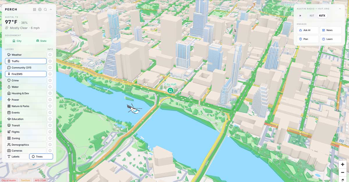 Perch — a 3D civic dashboard of Austin